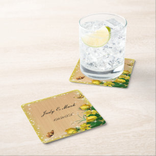 Dessous-de-verre Carré En Papier Mariage de papillon floral jaune bois rustique