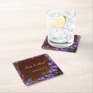 Dessous-de-verre Carré En Papier Mariage de papillon floral violet en bois foncé ru