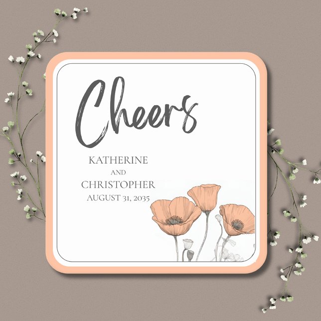 Dessous-de-verre Carré En Papier Mariage de pavot floral élégant (Cheers Peach Poppies Paper Wedding Coaster is Modern & Elegant to coordinate with your wedding decor)