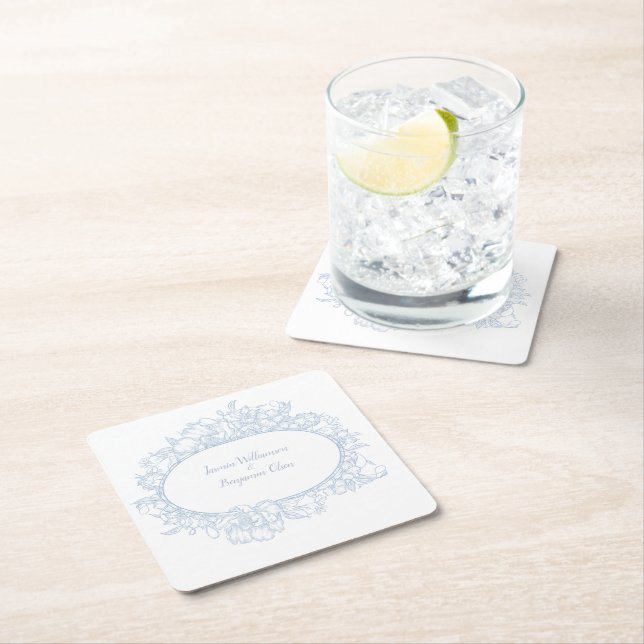 Dessous-de-verre Carré En Papier Mariage de réception élégant avec des fleurs bleue (En situation)