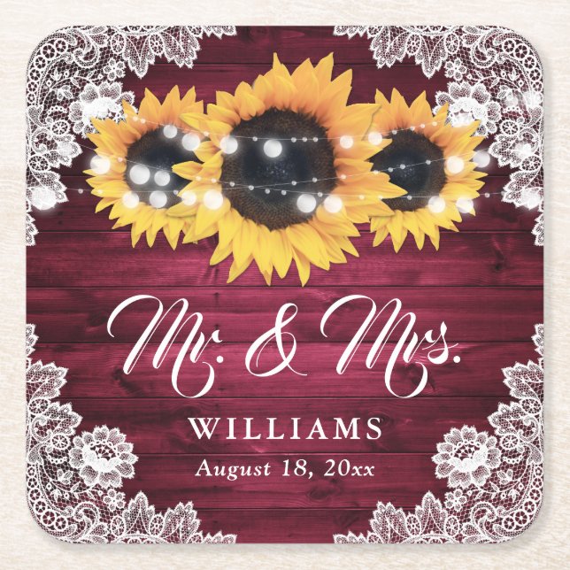 Dessous-de-verre Carré En Papier Mariage de tournesol en dentelle de bois rustique  (Devant)