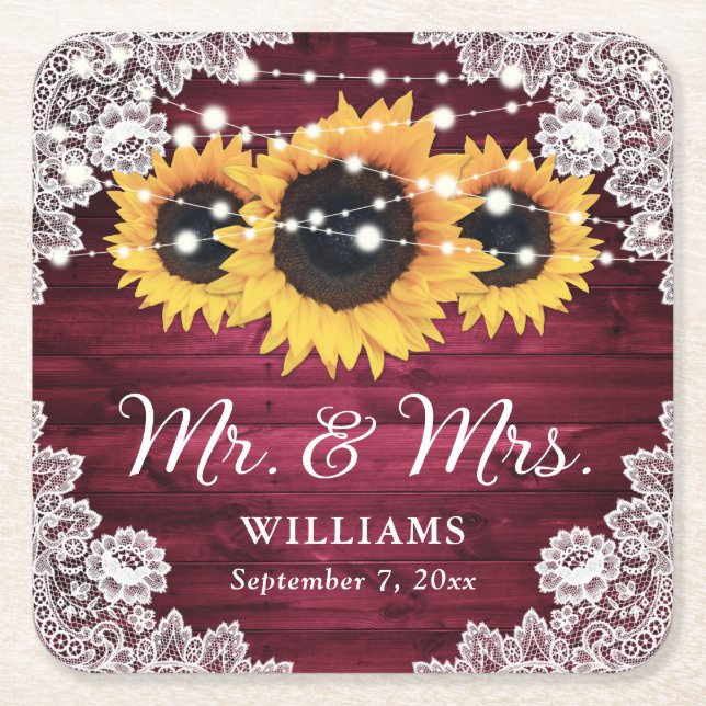 Dessous-de-verre Carré En Papier Mariage de tournesol en dentelle de bois rustique  (Devant)