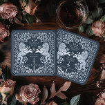 Dessous-de-verre Carré En Papier Mariage d'épée médiévale Silver Blue Royal Lion<br><div class="desc">Ajoutez du charme royal à votre paysage de table ! Ces dessous de verre de mariage personnalisés sont dotés d'un majestueux lion et d'un design floral avec vos noms et monogramme, le tout en argent luxueux contre un arrière - plan bleu. Parfait pour une fête d'imaginaire médiévale avec une élégance...</div>