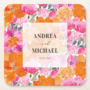 Dessous-de-verre Carré En Papier Mariage d'été floral rose pâle et orange