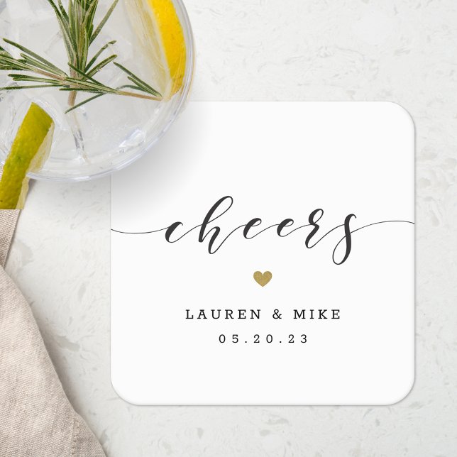 Dessous-de-verre Carré En Papier Mariage du coeur doré moderne (Créateur téléchargé)