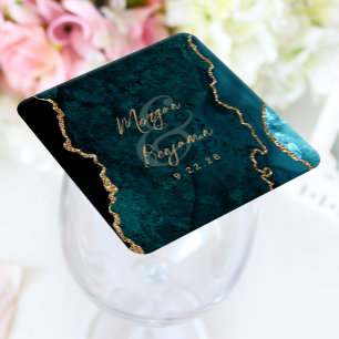 Dessous-de-verre Carré En Papier Mariage écriture or agate bleu sarcelle