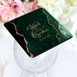 Dessous-de-verre Carré En Papier Mariage Écriture Or Agate Vert Émeraude