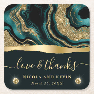 Dessous-de-verre Carré En Papier Mariage élégant à la feuille de teal et paillettes