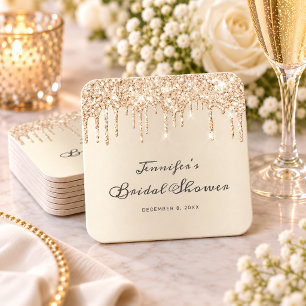 Dessous-de-verre Carré En Papier Mariage Élégant Champagne Paillettes Coulantes Écr