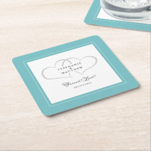 Dessous-de-verre Carré En Papier Mariage Élégant Cœurs Amour Éternel Aqua & Blanc
