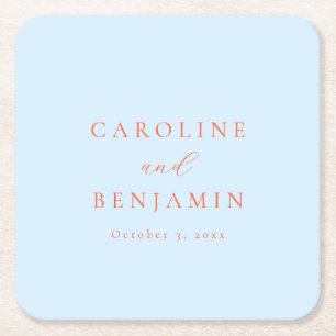 Dessous-de-verre Carré En Papier Mariage Élégant Minimaliste Calligraphie Bleu Oran