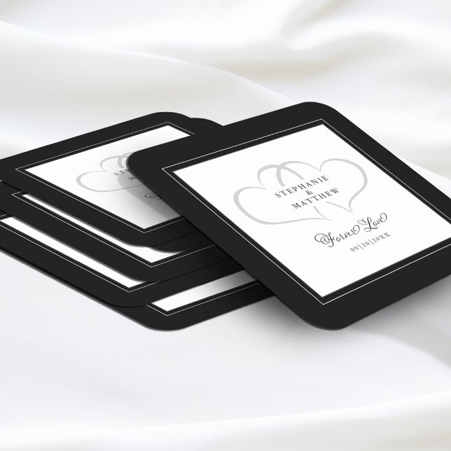 Dessous-de-verre Carré En Papier Mariage Élégant Noir & Blanc Cœurs Amour Éternel (Elegant Black & White Wedding Hearts Forever Love Square Paper Coasters Stack)
