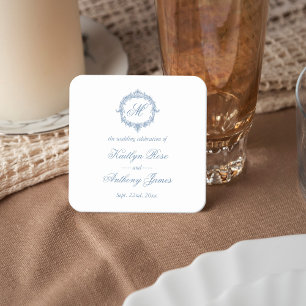 Dessous-de-verre Carré En Papier Mariage Élégant Vintage Bleu Toile Monogram