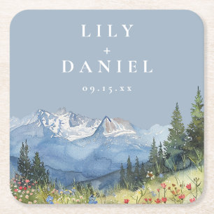 Dessous-de-verre Carré En Papier Mariage Fleur de Montagne Aquarelle Bleu Poussiére