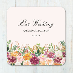 Dessous-de-verre Carré En Papier Mariage Fleur de Rose Aquarelle Calligraphie Éléga