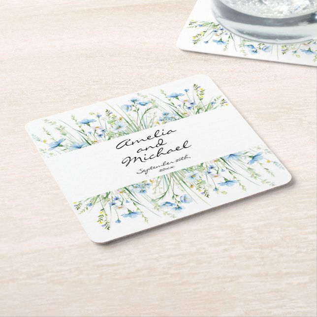 Dessous-de-verre Carré En Papier Mariage Fleur sauvage bleu aquarelle (Incliné)