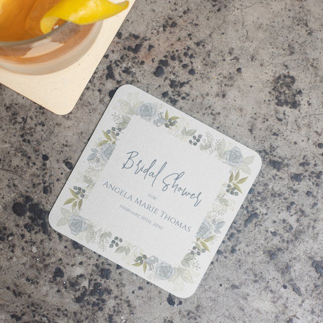 Dessous-de-verre Carré En Papier Mariage Fleurie Bleue Script Personnalisé (Bridal shower blue floral custom coaster)