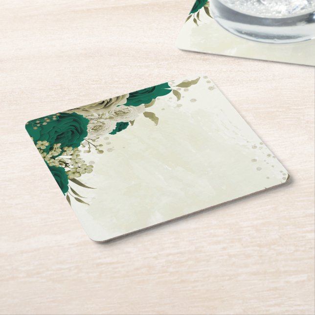 Dessous-de-verre Carré En Papier mariage fleurs beige vert émeraude (Incliné)