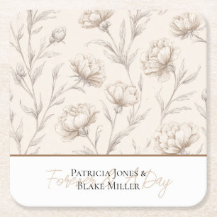 Dessous-de-verre Carré En Papier Mariage Fleurs Esquissées Crème
