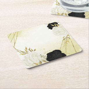 Dessous-de-verre Carré En Papier mariage fleurs noir blanc feuilles or