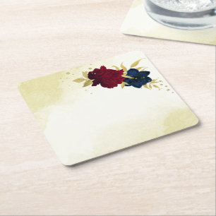 Dessous-de-verre Carré En Papier mariage fleurs rouges navire feuilles dorées