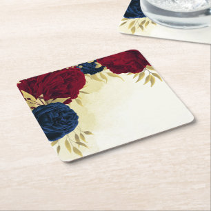 Dessous-de-verre Carré En Papier mariage fleurs rouges or feuilles navire