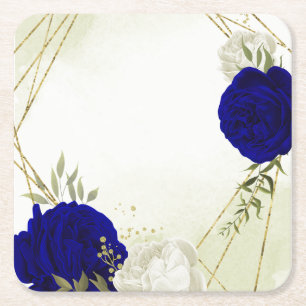 Dessous-de-verre Carré En Papier mariage fleurs verdure bleu royal et blanc