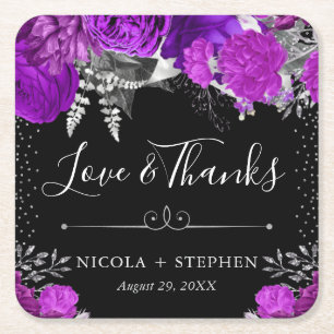 Dessous-de-verre Carré En Papier Mariage Fleurs Violet et Argent Aquarelle
