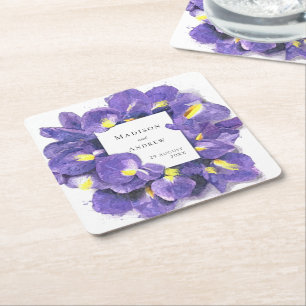 Dessous-de-verre Carré En Papier Mariage Floral Aquarelle Iris Violets Époustouflan