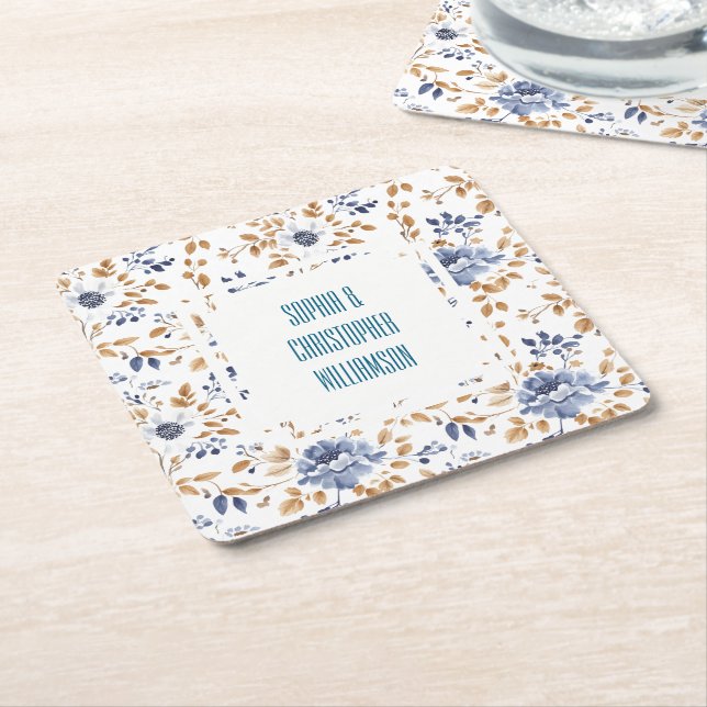 Dessous-de-verre Carré En Papier Mariage Floral Blanc Bleu (Incliné)