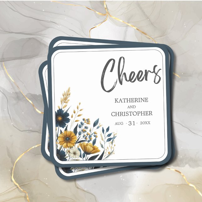 Dessous-de-verre Carré En Papier Mariage floral bleu jaune (Blue Gold Floral Wedding Coaster with Couple Names and Wedding Date.)