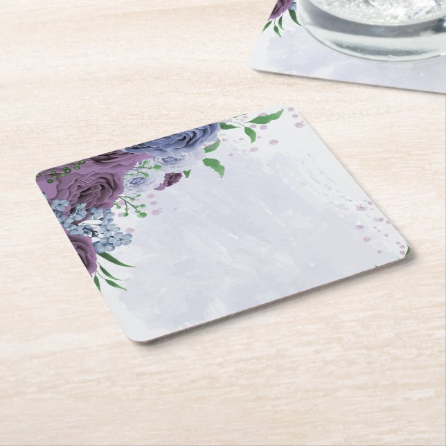 Dessous-de-verre Carré En Papier Mariage floral bleu pourpre (Incliné)