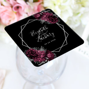 Dessous-de-verre Carré En Papier Mariage Floral Bourgogne Géométrique Argent Noir