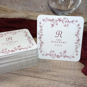 Dessous-de-verre Carré En Papier Mariage Floral Bourgogne Rouge Foncé Monogramme