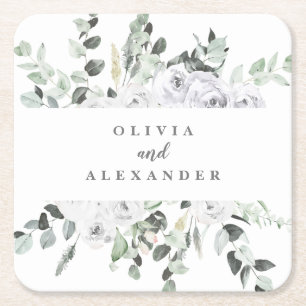 Dessous-de-verre Carré En Papier Mariage floral de roses blanches et de verdure