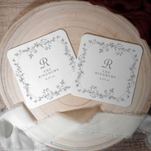 Dessous-de-verre Carré En Papier Mariage Floral Gris Victorien Monogramme Français