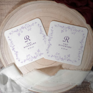 Dessous-de-verre Carré En Papier Mariage Floral Lavande Violet Monogramme