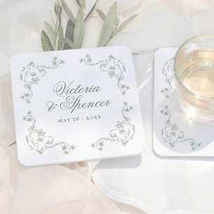 Dessous-de-verre Carré En Papier Mariage Floral Vintage Vert Sauge