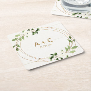 Dessous-de-verre Carré En Papier Mariage Géométrique Aquarelle Floral Rustique Bois
