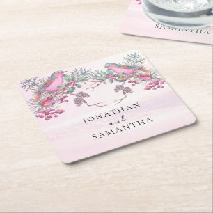 Dessous-de-verre Carré En Papier Mariage hivernal à l'aquarelle Cônes de pin Oiseau