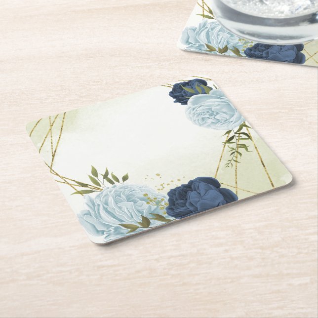 Dessous-de-verre Carré En Papier mariage marine bleu poussiéreux fleurs (Incliné)