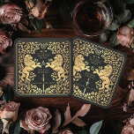 Dessous-de-verre Carré En Papier Mariage médiéval Black Royal Lion<br><div class="desc">Ajoutez du charme royal à votre paysage de table ! Ces dessous de verre de mariage personnalisés sont dotés d'un majestueux lion et d'un design floral avec vos noms et monogramme, le tout en or luxueux contre un arrière - plan noir. Parfait pour une fête d'imaginaire médiévale avec une élégance...</div>