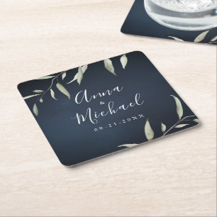 Dessous-de-verre Carré En Papier mariage minimaliste botanique verdure marine lunat