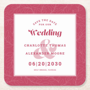 Dessous-de-verre Carré En Papier Mariage moderne Sauvez La Date Magenta Motif feuil