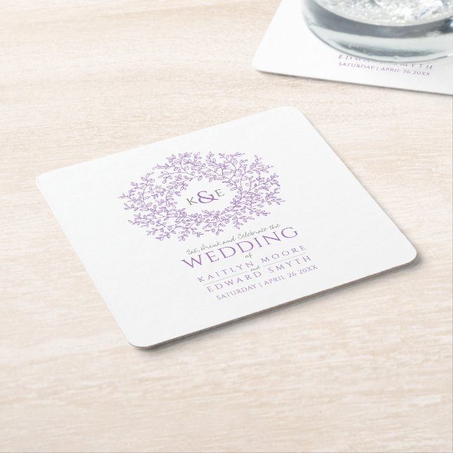 Dessous-de-verre Carré En Papier Mariage monogramme de dessin de feuille de cercle  (Incliné)