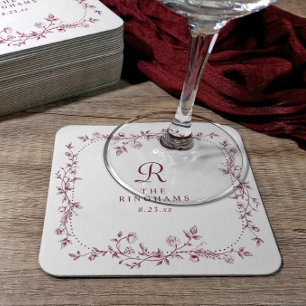 Dessous-de-verre Carré En Papier Mariage Monogramme Fleurie Rouge Foncé Vin Françai