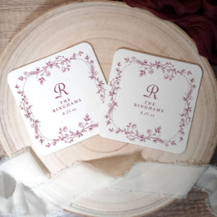 Dessous-de-verre Carré En Papier Mariage Monogramme Fleurie Rouge Foncé Vin Françai