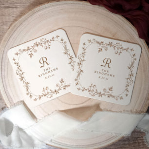 Dessous-de-verre Carré En Papier Mariage Monogramme Marron Crème Floral Vintage Fra