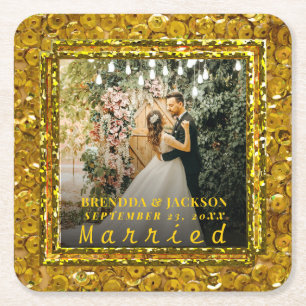 Dessous-de-verre Carré En Papier Mariage Noël Élégant Or Type Photo De Mariage