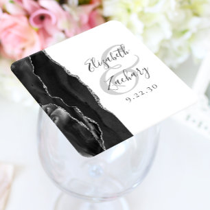 Dessous-de-verre Carré En Papier Mariage Noir Argent Script Géode d'Agate
